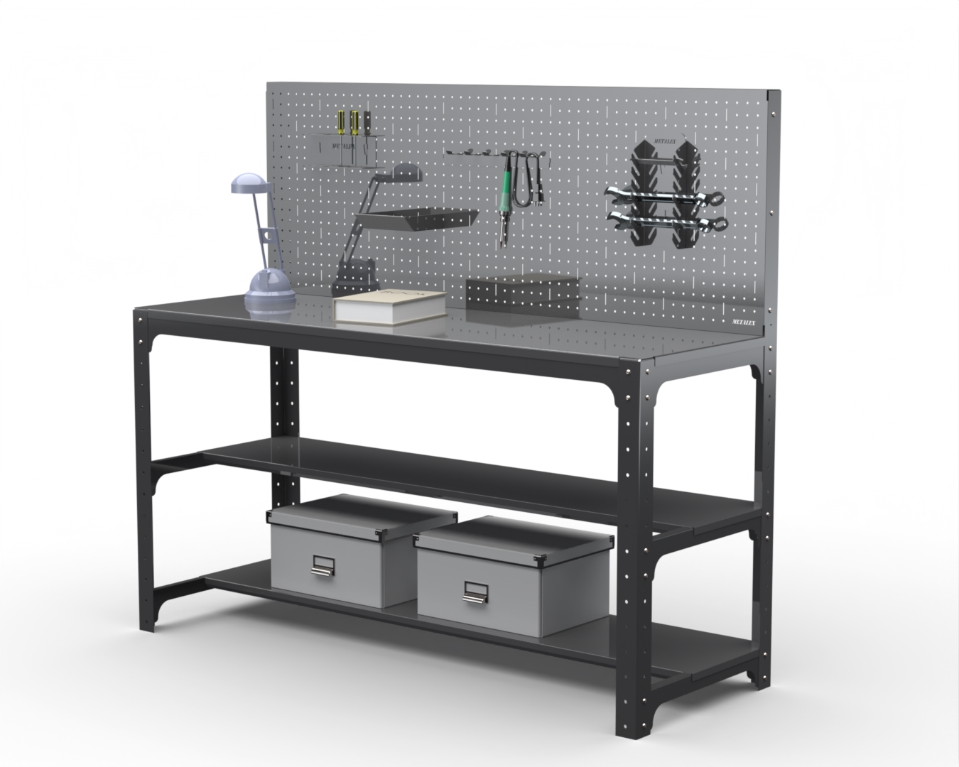 

Стол металлический Metalex серия KIT 750х1400х500 + две полки + перфопанель (серый)