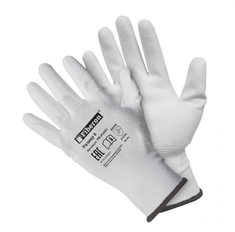 фото Перчатки fiberon для точных работ, полиэстер, полиуретановое покрытие, 8(m), белые