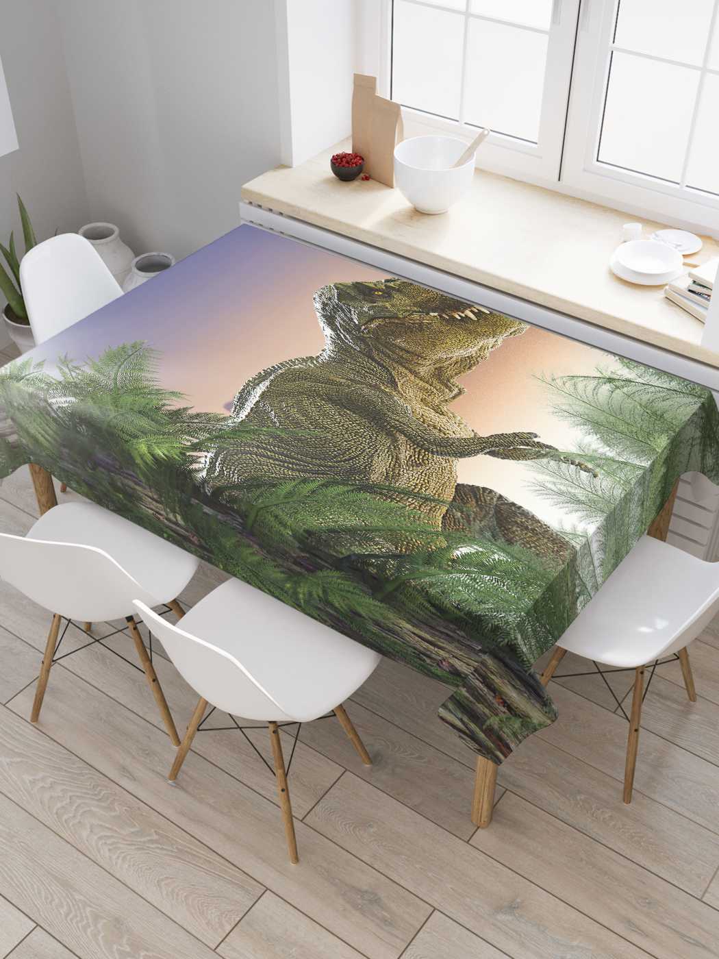 фото Скатерть прямоугольная joyarty "динозавр на охоте" из сатена, 120x145 см