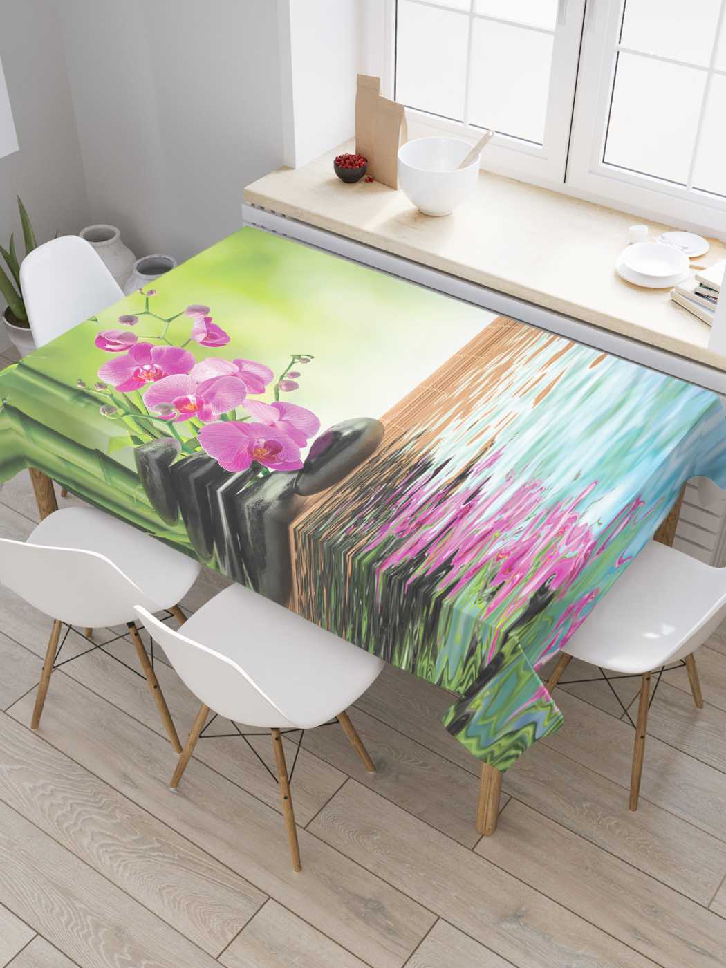 

Скатерть прямоугольная JoyArty "Водная релаксация" из сатена, 120x145 см, Бежевый, Водная релаксация