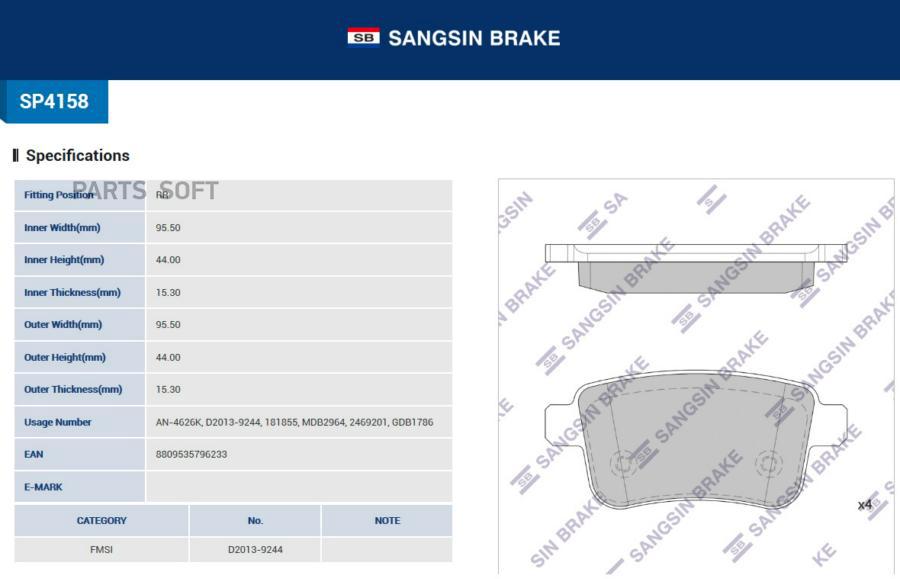 

Колодки Задние Renault Kangoo Ii 08- Sp4158 Sangsin brake арт. SP4158