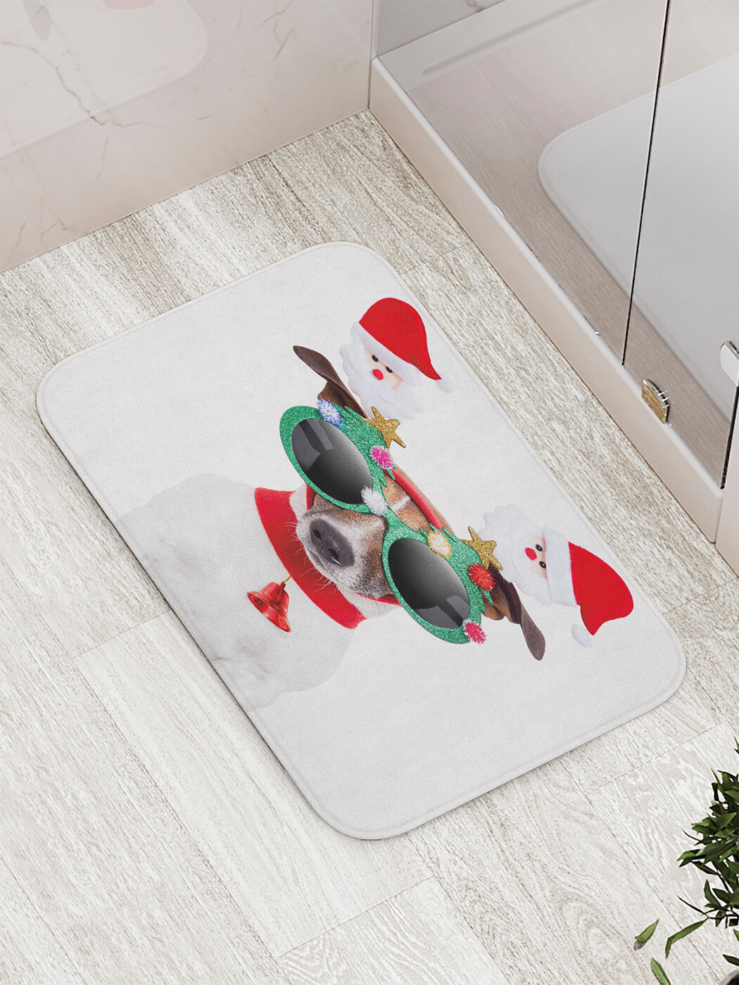 

Коврик JoyArty "Пес в рождественских очках" для ванной, сауны, бассейна, 77х52 см, Пес в рождественских очках