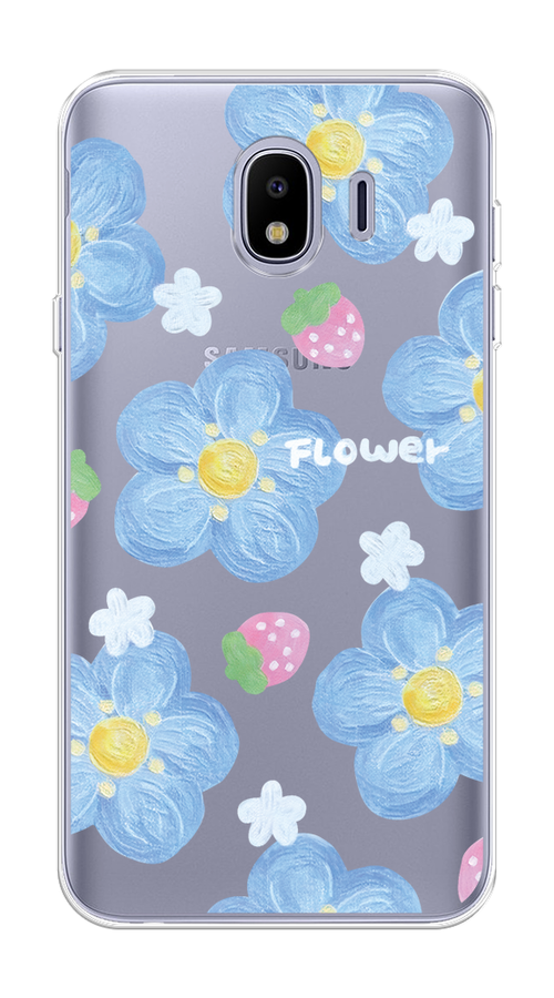 

Чехол на Samsung Galaxy J4 "Цветы и клубники", Прозрачный;голубой;белый, 26450-1
