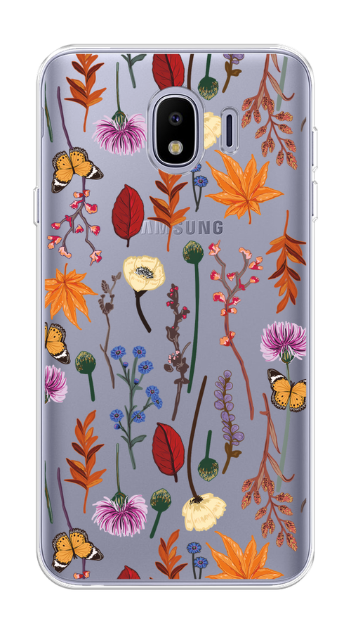 

Чехол на Samsung Galaxy J4 "Orange Purple flowers", Оранжевый;красный;розовый;желтый;прозрачный, 26450-1