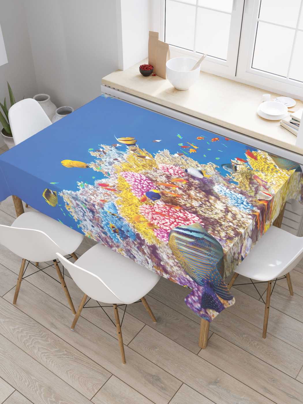 

Скатерть прямоугольная JoyArty "Радужная экзотика на дне" из сатена, 180x145 см, Розовый, Радужная экзотика на дне