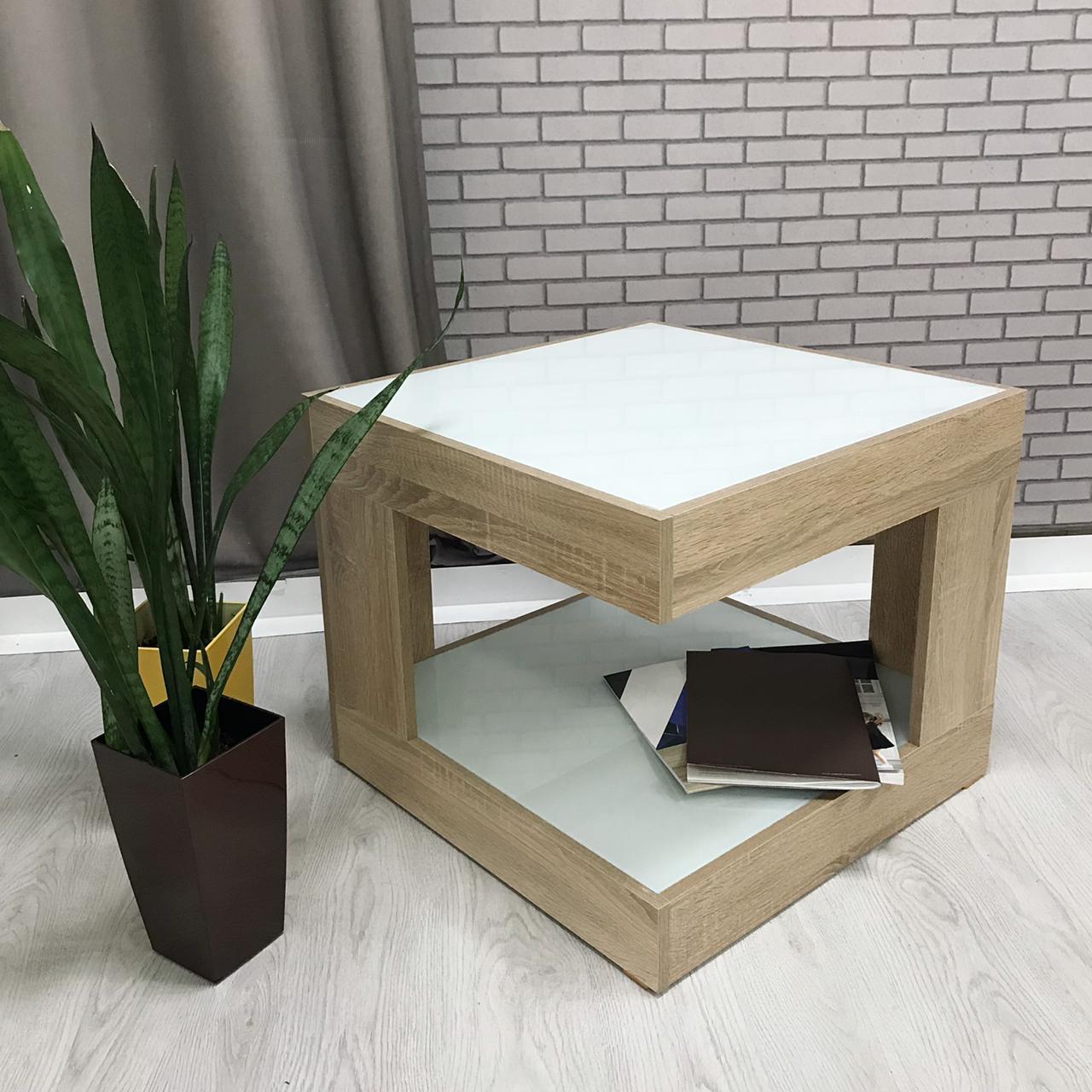 Стол журнальный КупиДляДома Георгин-02 с фотопечатью, Дуб сонома светлый/Белый