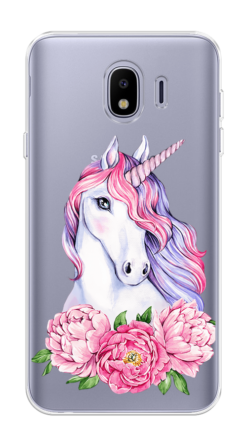 

Чехол на Samsung Galaxy J4 "Единорог с пионами", Розовый;белый;зеленый, 26450-1