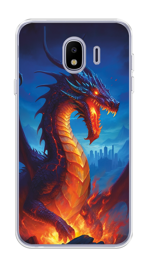 

Чехол на Samsung Galaxy J4 "Дракон над лавой", Оранжевый;коричневый;синий, 26450-1