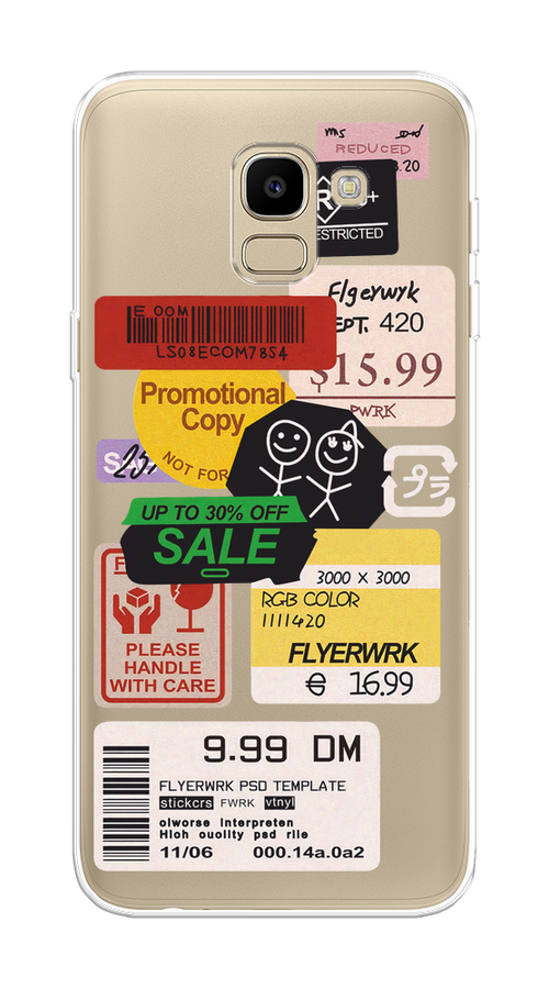 

Чехол на Samsung Galaxy J6 2018 "Коллаж из наклеек", Красный;желтый;зеленый;белый, 26150-1