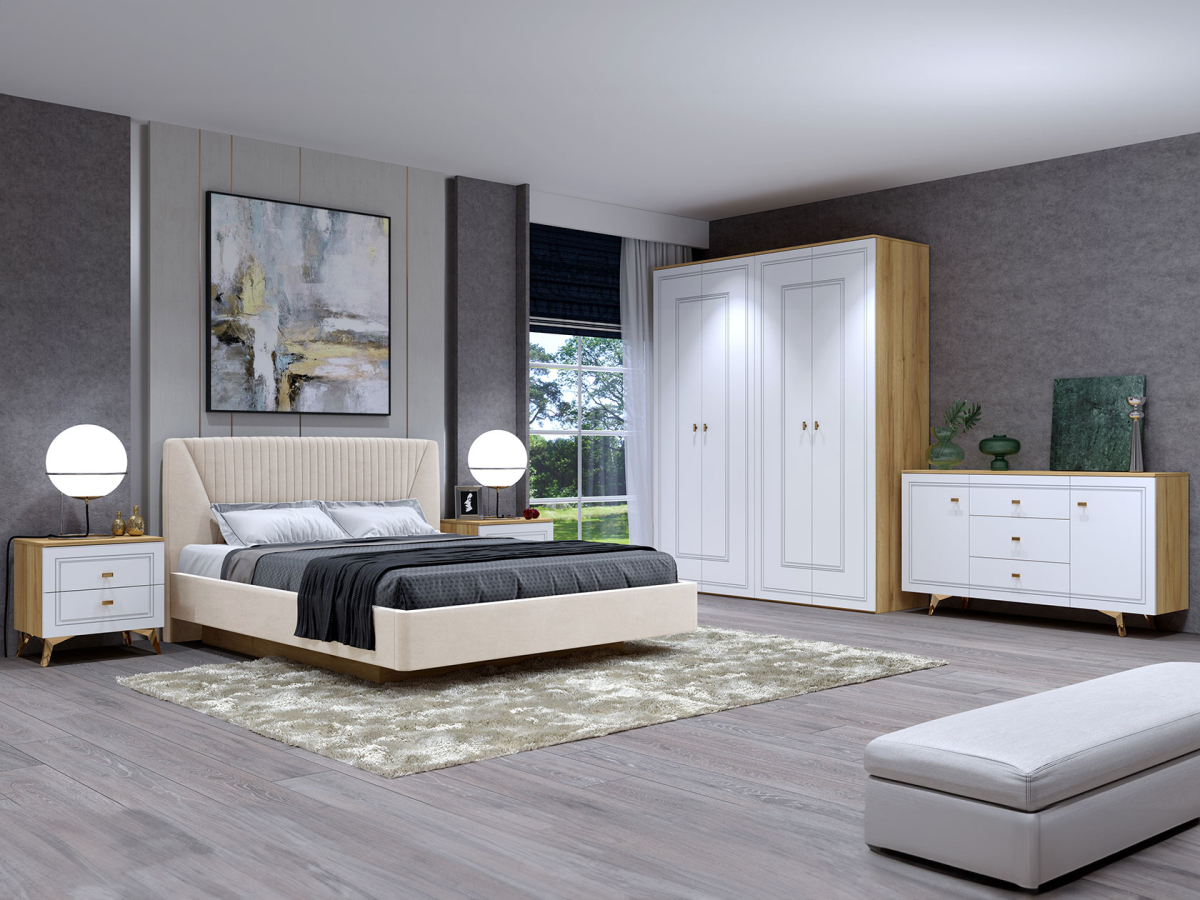 

Спальный гарнитур Кураж Вега Сапфир Дуб золотистый/Белый глянец/Айвори, микровелюр, 54140