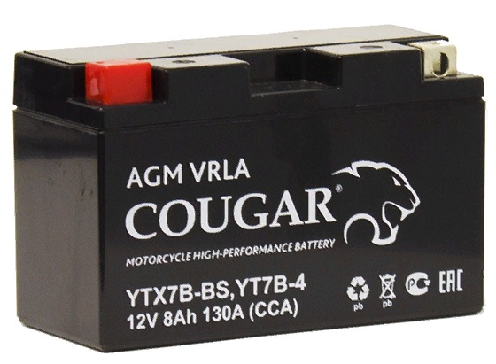 Аккумулятор д/мото/скутера Cougar AGM VRLA 12V 8 А/ч 130 А пр.пол. YT7B-BS, YT7B-4