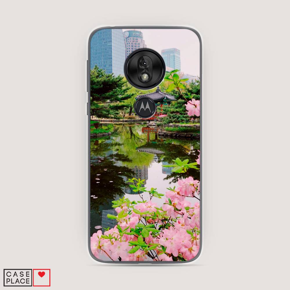 

Чехол на Motorola Moto G7 Play "Сакура возле озера", Зеленый;розовый;голубой, 241250-2