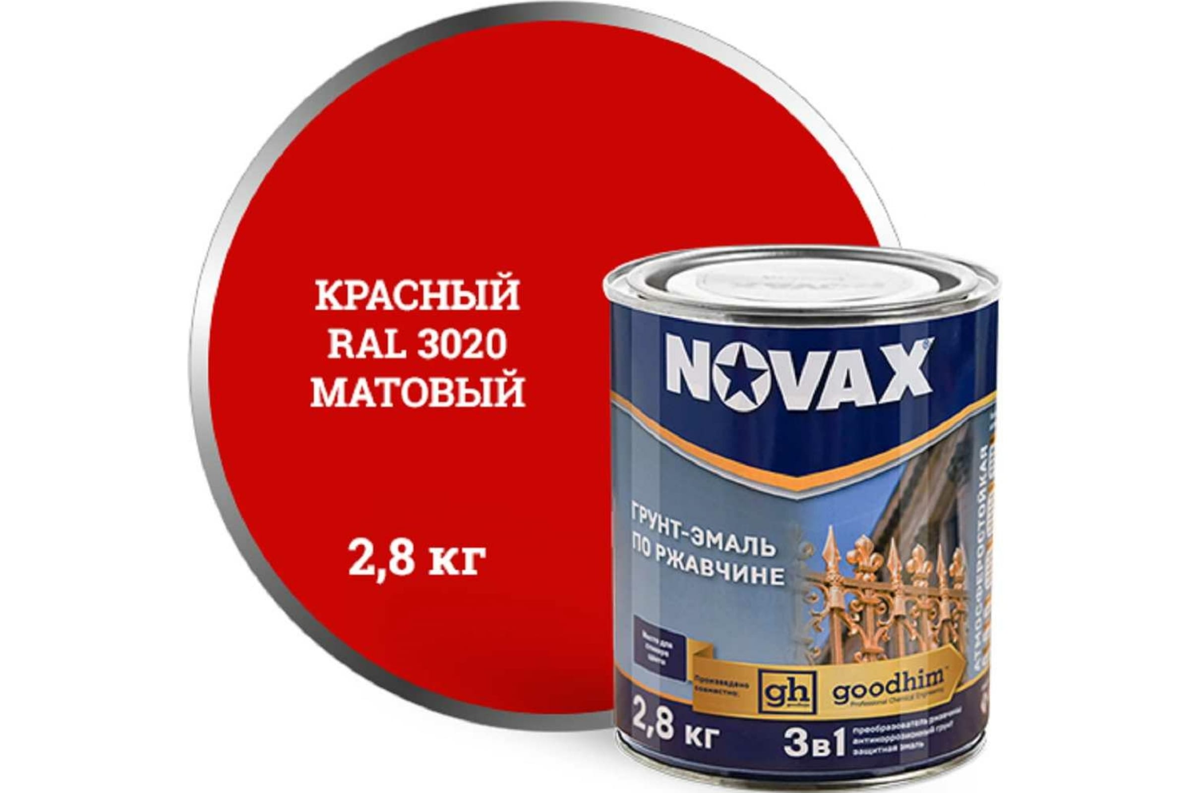 фото Goodhim грунт эмаль 3в1 novax красный ral 3020 матовая, 3 л. 39795