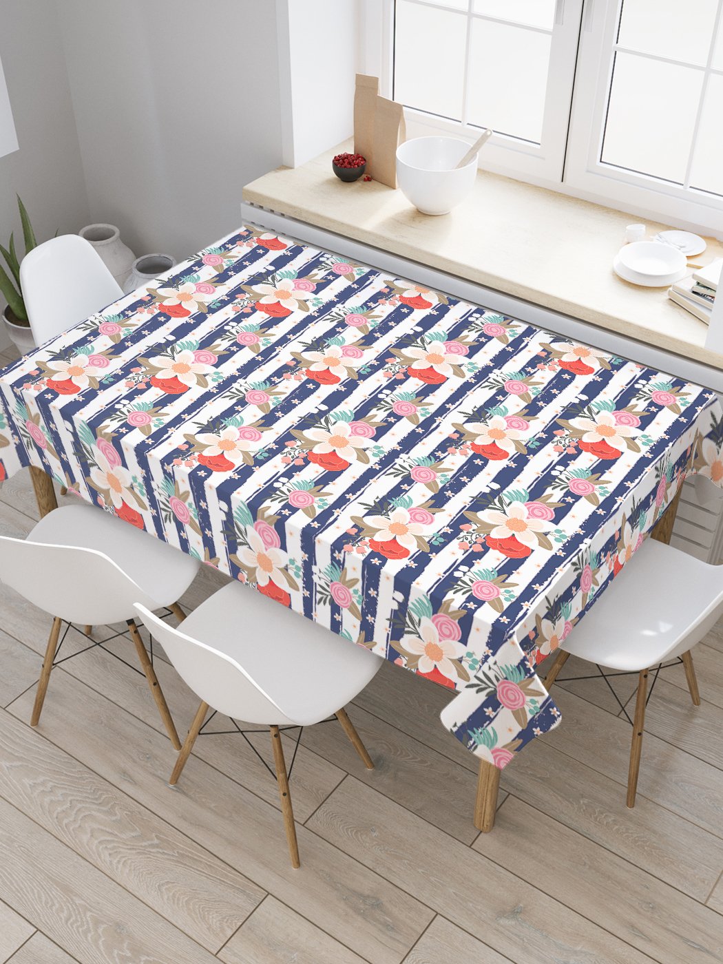 

Скатерть прямоугольная JoyArty "Нежные букеты на полосах" из оксфорда, 120x145 см, Белый, Нежные букеты на полосах