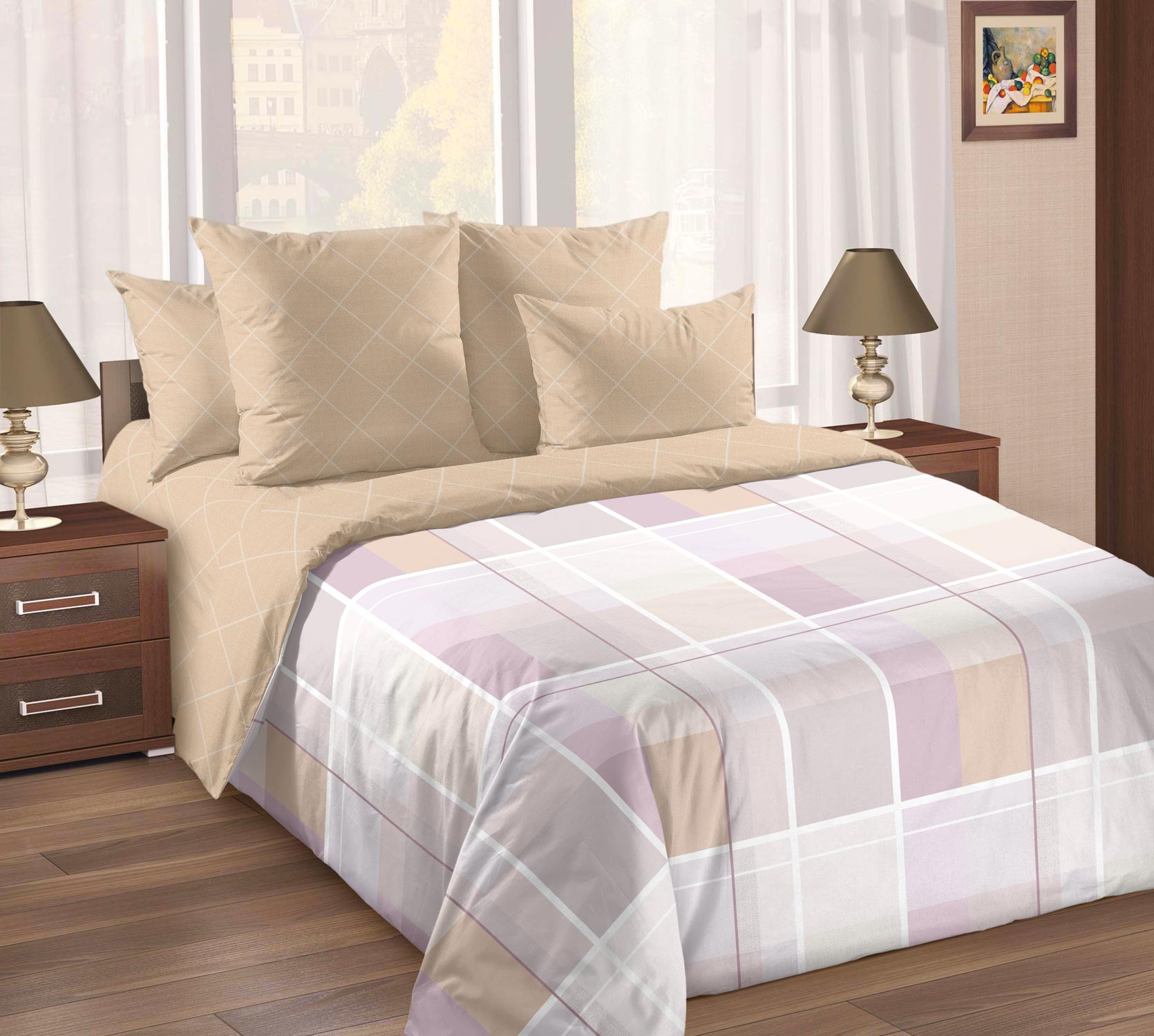 Постельное Белье «Мейси 1 Беж. 2250ПН» с компаньоном 2-спальное Перкаль, ГОСТ-Р