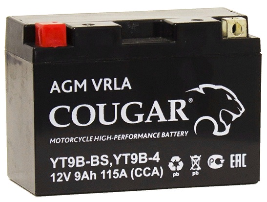 Аккумулятор д/мото/скутера Cougar AGM VRLA 12V 9 А/ч 115 А пр.пол. YT9B-BS, YT9B-4