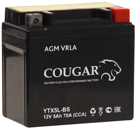 Аккумулятор д/мото/скутера Cougar AGM VRLA 12V 5 А/ч 70 А обр. пол. YTX5L-BS YT5L-B