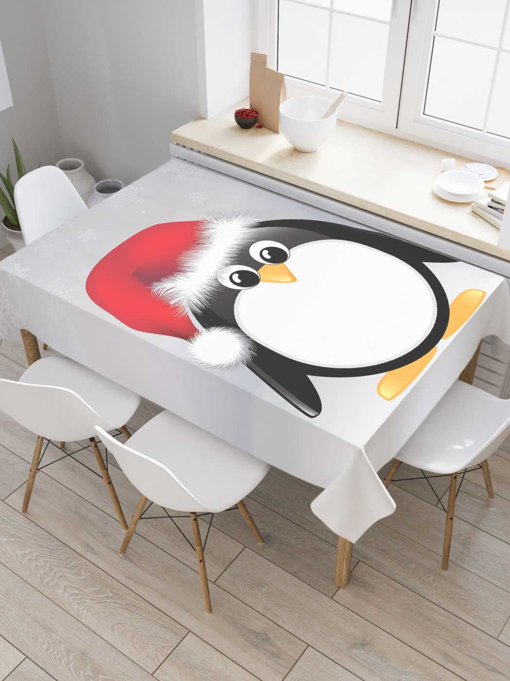 фото Скатерть прямоугольная joyarty "пингвин в шапке" из сатена, 120x145 см
