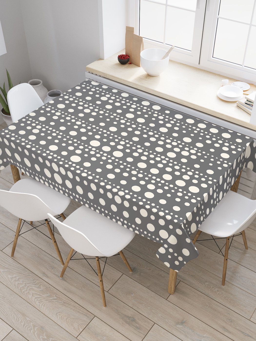 

Скатерть прямоугольная JoyArty "Разномерный горошек" из оксфорда, 120x145 см, Серый, Разномерный горошек