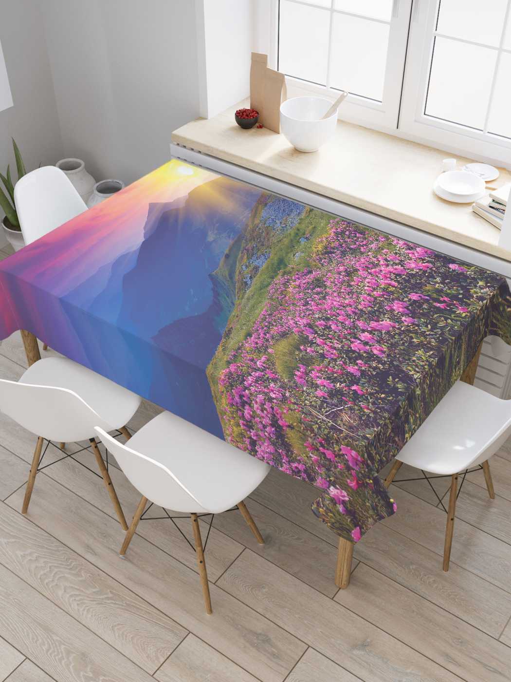 фото Скатерть прямоугольная joyarty "горные цветы на рассвете" из сатена, 180x145 см