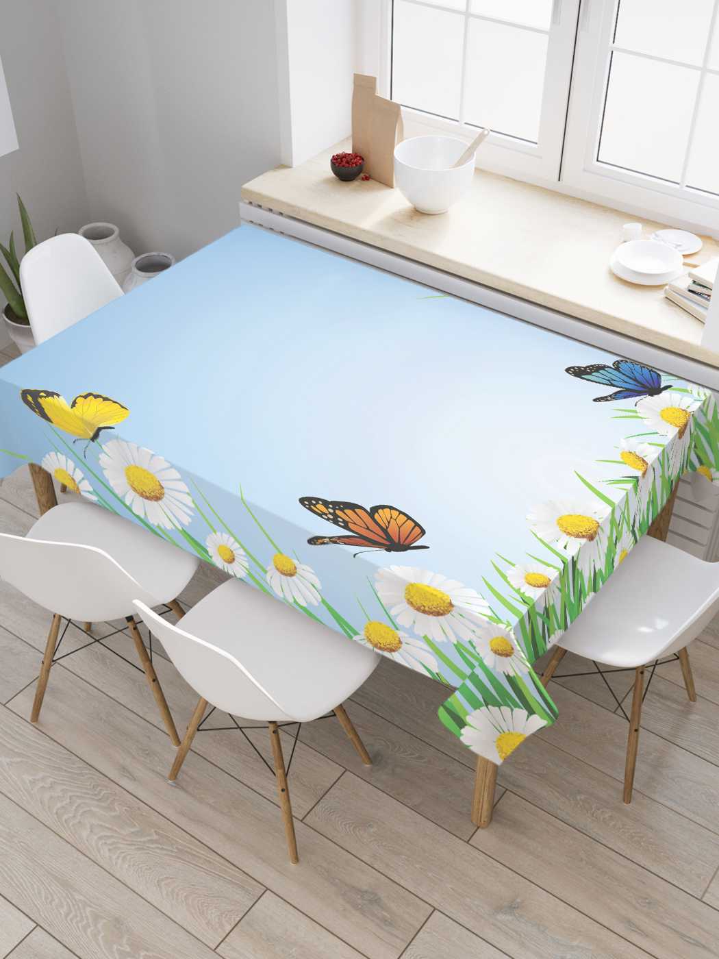 

Скатерть прямоугольная JoyArty "Бабочки на ромашках" из сатена, 180x145 см, Синий, Бабочки на ромашках
