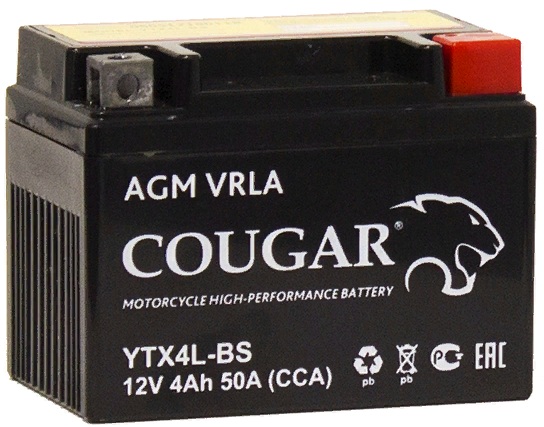 Аккумулятор д/мото/скутера Cougar AGM VRLA 12V 4 А/ч 50 А обр. пол. YTX4L-BS YT4L-BS