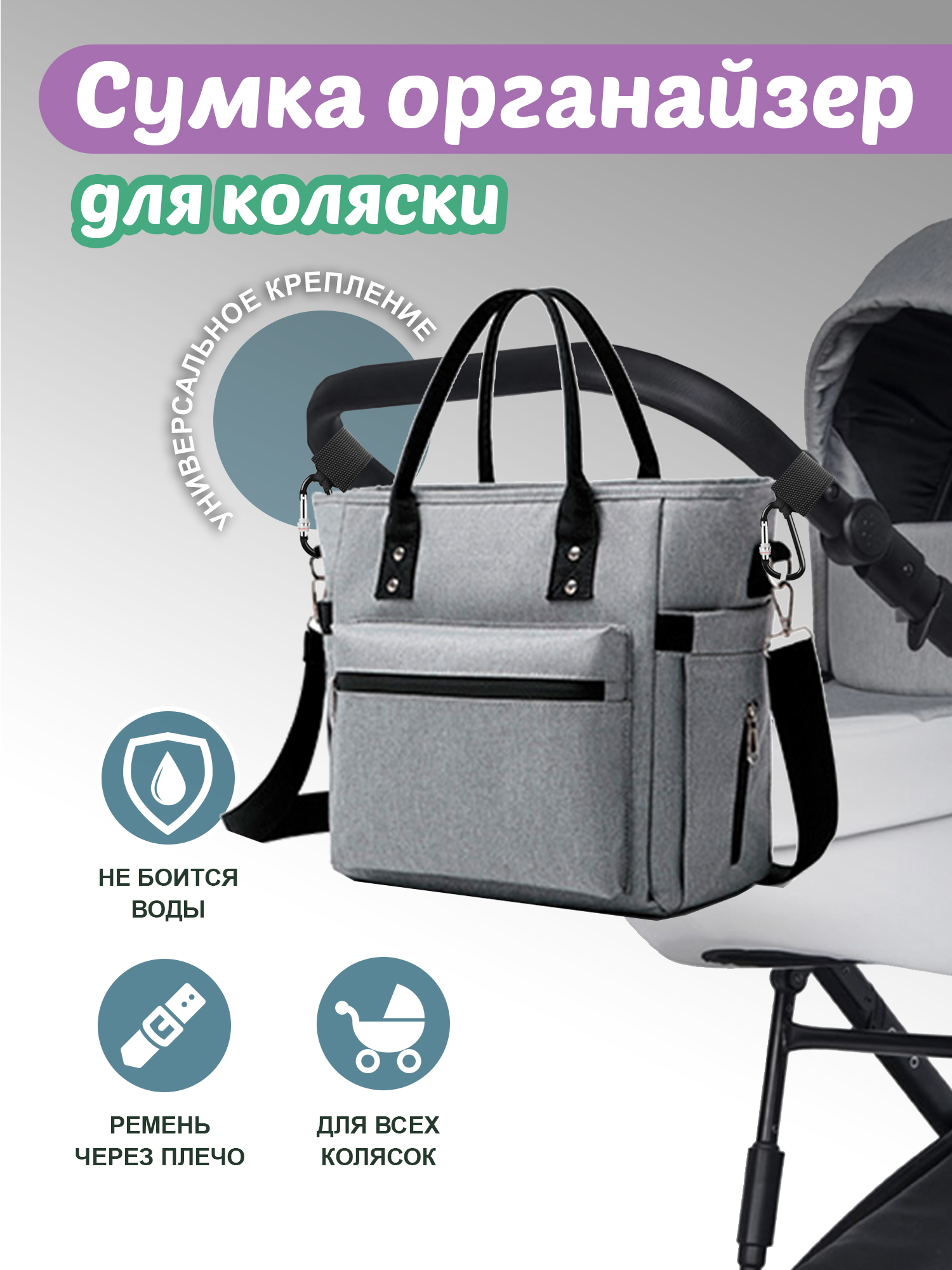 Сумка для коляски для мамы Na-Max универсальная серая 27x15x28 см 2000₽