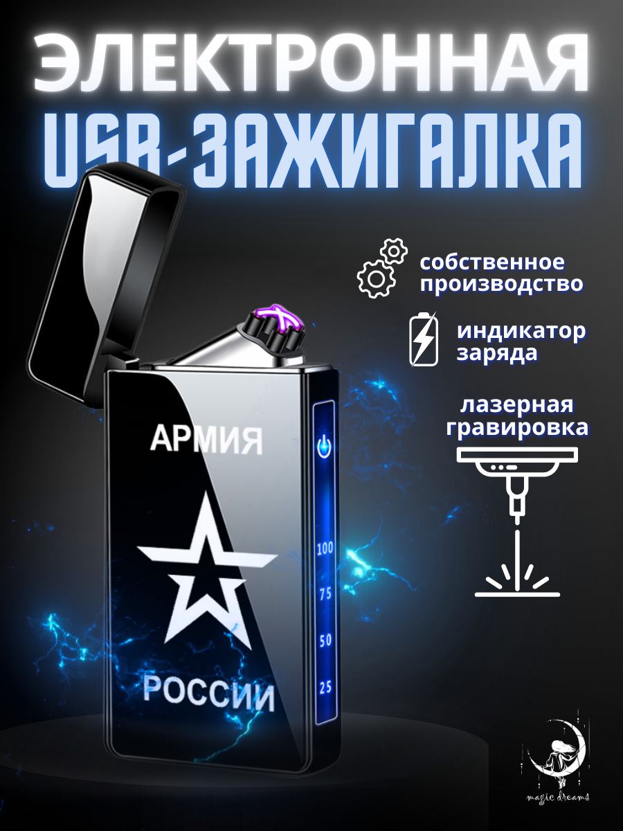 

Электронная зажигалка Magic Dreams USB с гравировкой Армия России, Черный