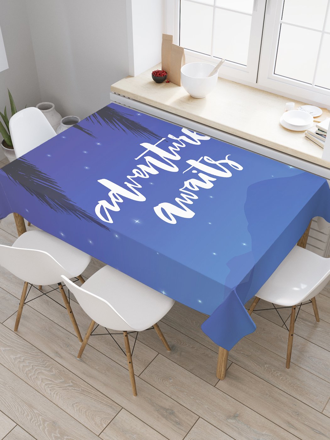 

Скатерть прямоугольная JoyArty "Приключения под пальмами" из оксфорда, 120x145 см, Синий, Приключения под пальмами