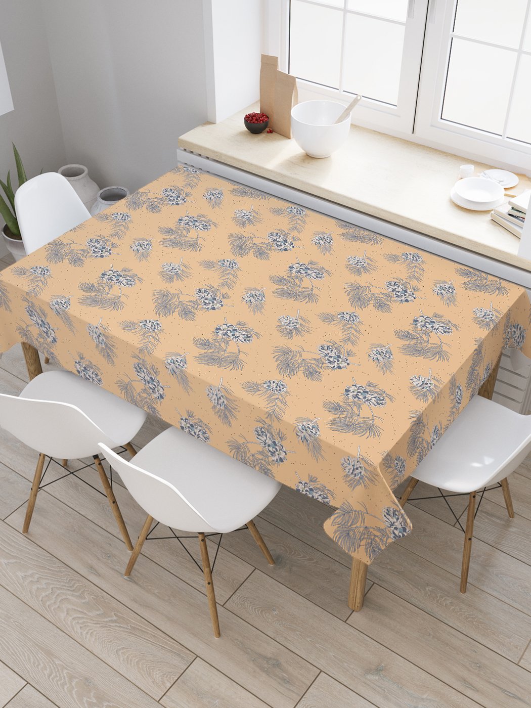 

Скатерть прямоугольная JoyArty "Еловые шишки" из оксфорда, 120x145 см, Бежевый, Еловые шишки