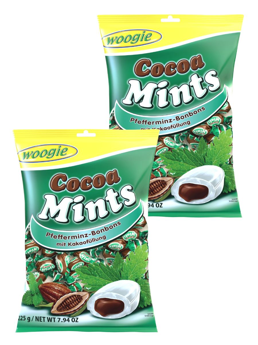 Карамель леденцовая WOOGIE с какао-начинкой Cocoa Mints 2шт по 225гр