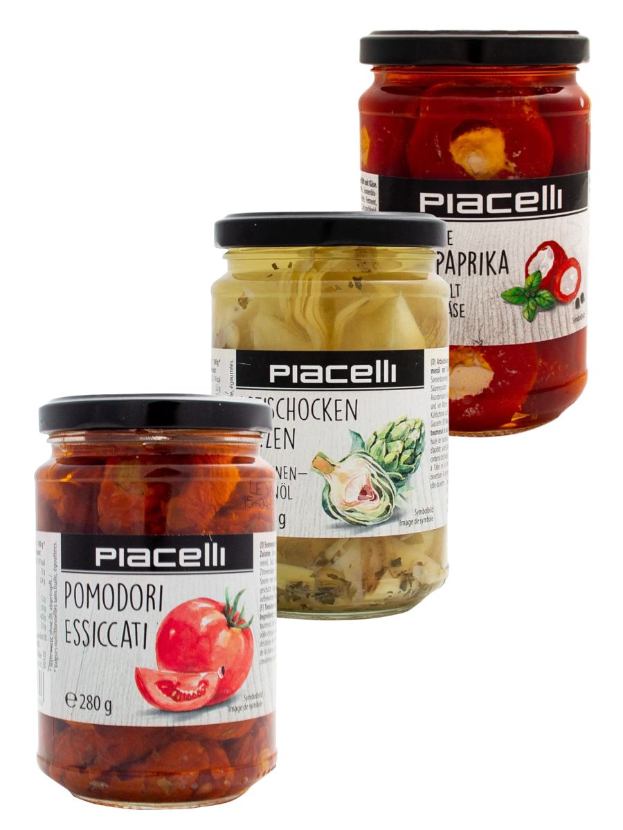 

Овощное ассорти Piacelli в масле (артишоки, томаты, фаршированный перец) 3шт по 280г