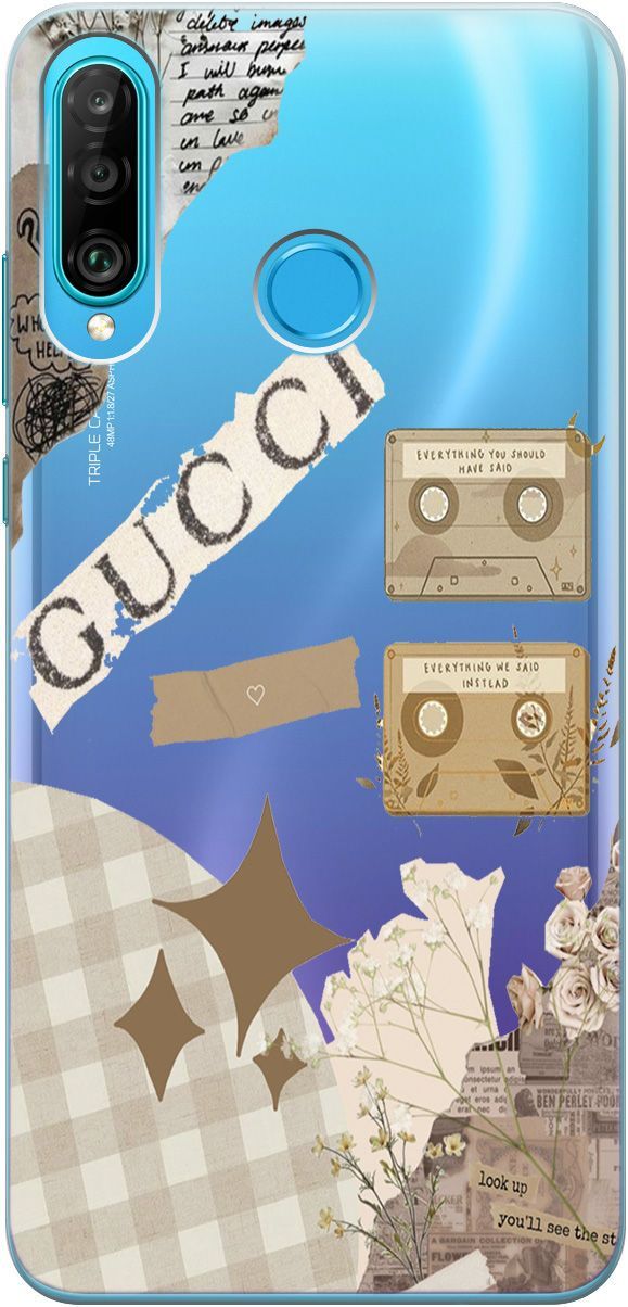 

Чехол на Honor 20 Lite/20s/Huawei P30 Lite "GUCCI Stickers" прозрачный, Прозрачный;бежевый, 5256