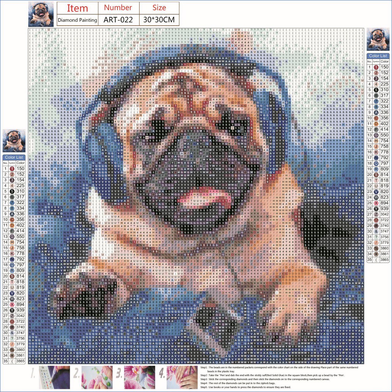 Алмазная мозаика Bright hobby Мопс в наушниках art4103, для детей без подрамника 30х30