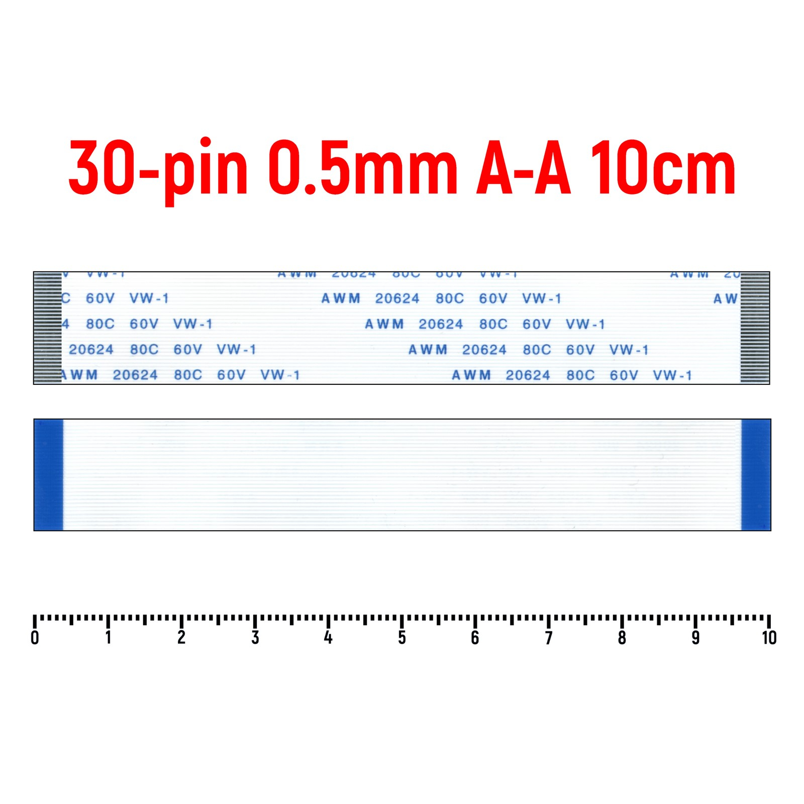 

Шлейф FFC 30-pin Шаг 0.5mm Длина 10cm Прямой A-A AWM 20624 80C 60V VW-1