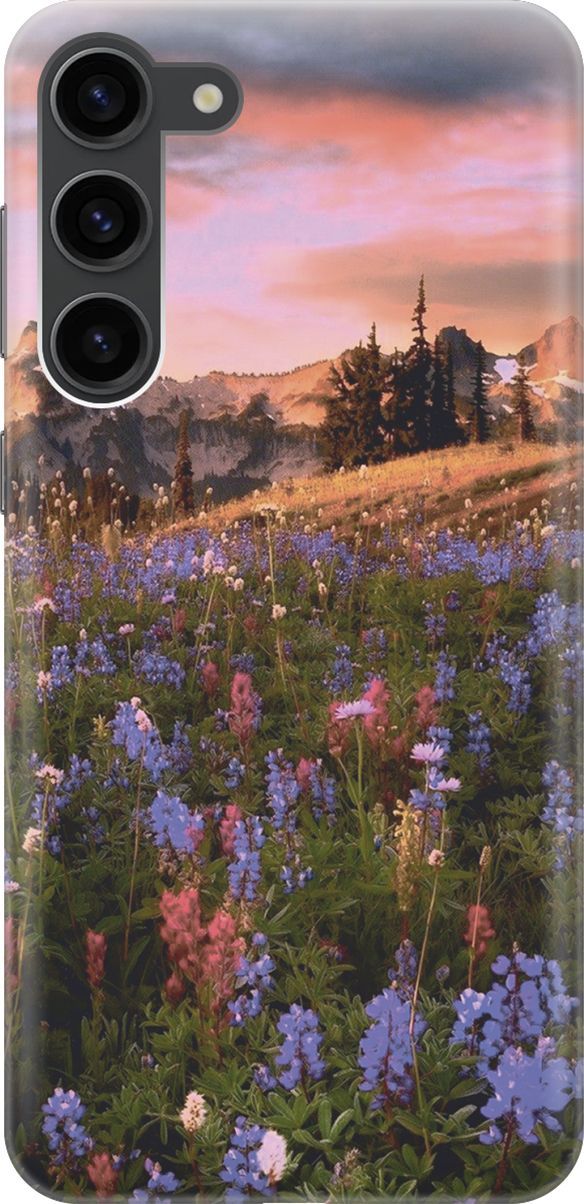 

Чехол на Samsung Galaxy S23+ "Цветочное поле и горы", Зеленый;фиолетовый, 158384