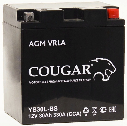 Аккумулятор д/мото/скутера Cougar AGM VRLA 12V 30 А/ч 330 А обр. пол. YB30L-BS, YB30L-B