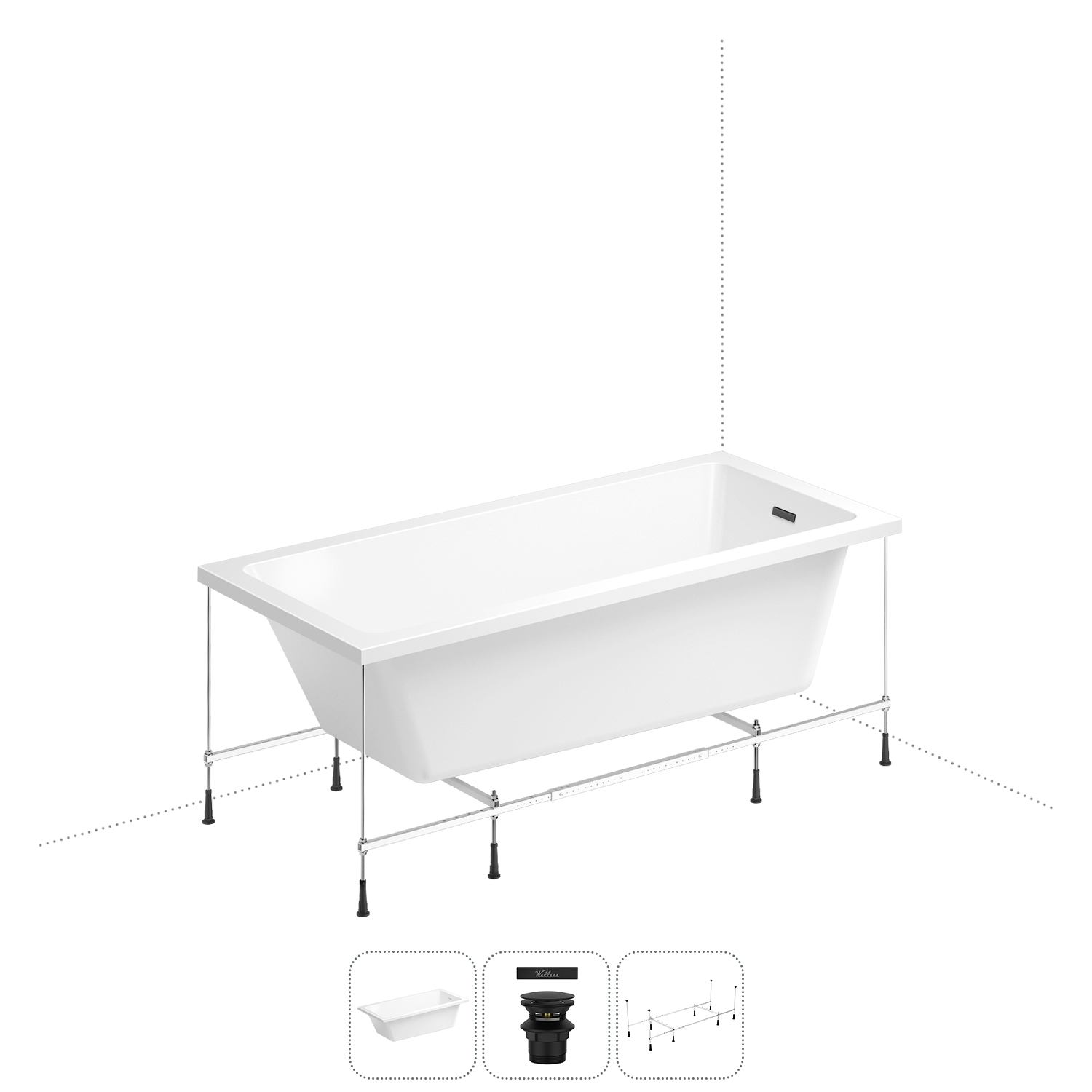 

Акриловая ванна 150х80 см Wellsee FreeDom 2.0 20212775R, в наборе 3 в 1, Белый, FreeDom 2.0_bath_ветка_A_матовый черный