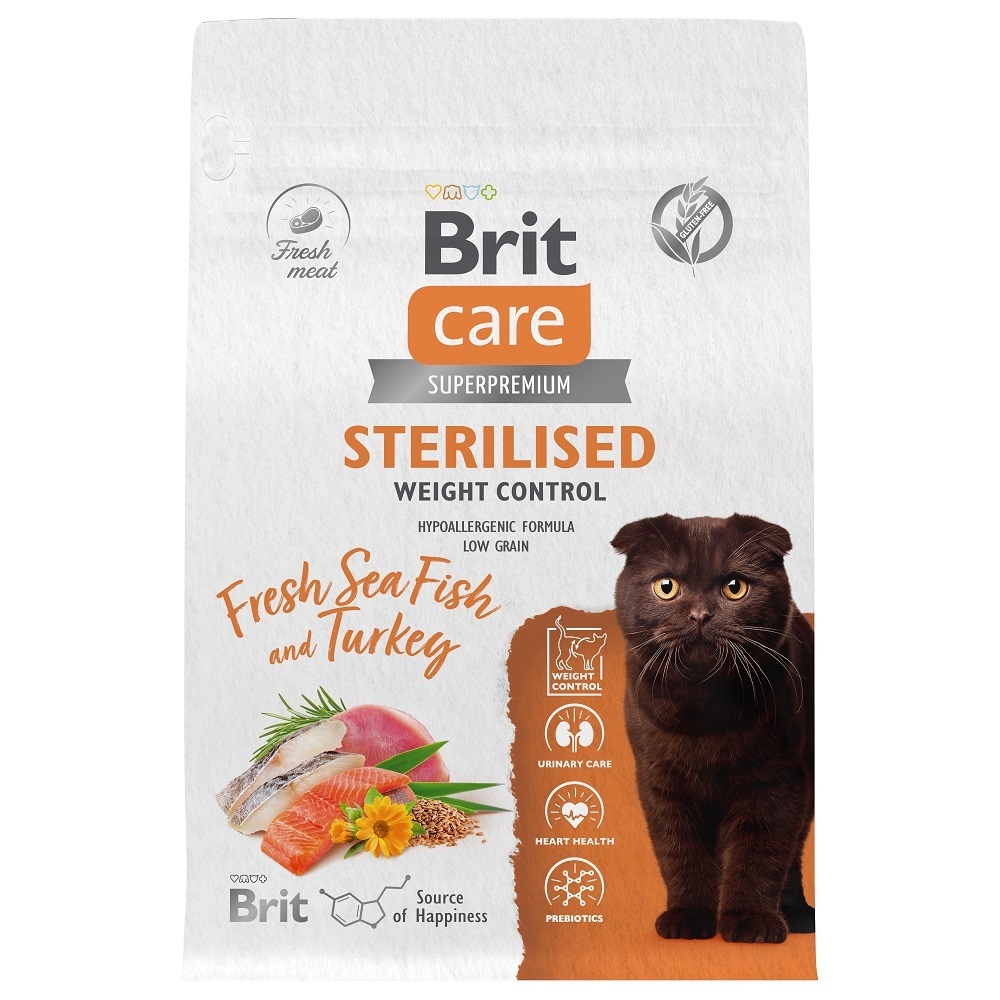 Сухой корм для кошек BRIT CARE, для стерилизованных, с морской рыбой и индейкой, 7 кг
