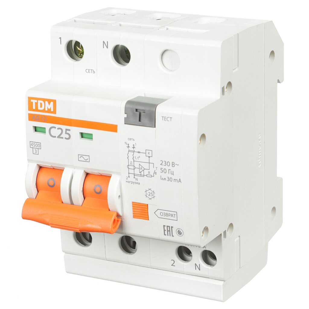 Дифференциальный автоматический выключатель TDM Electric АД12 2 полюса 25 А 30 мА SQ0204-0