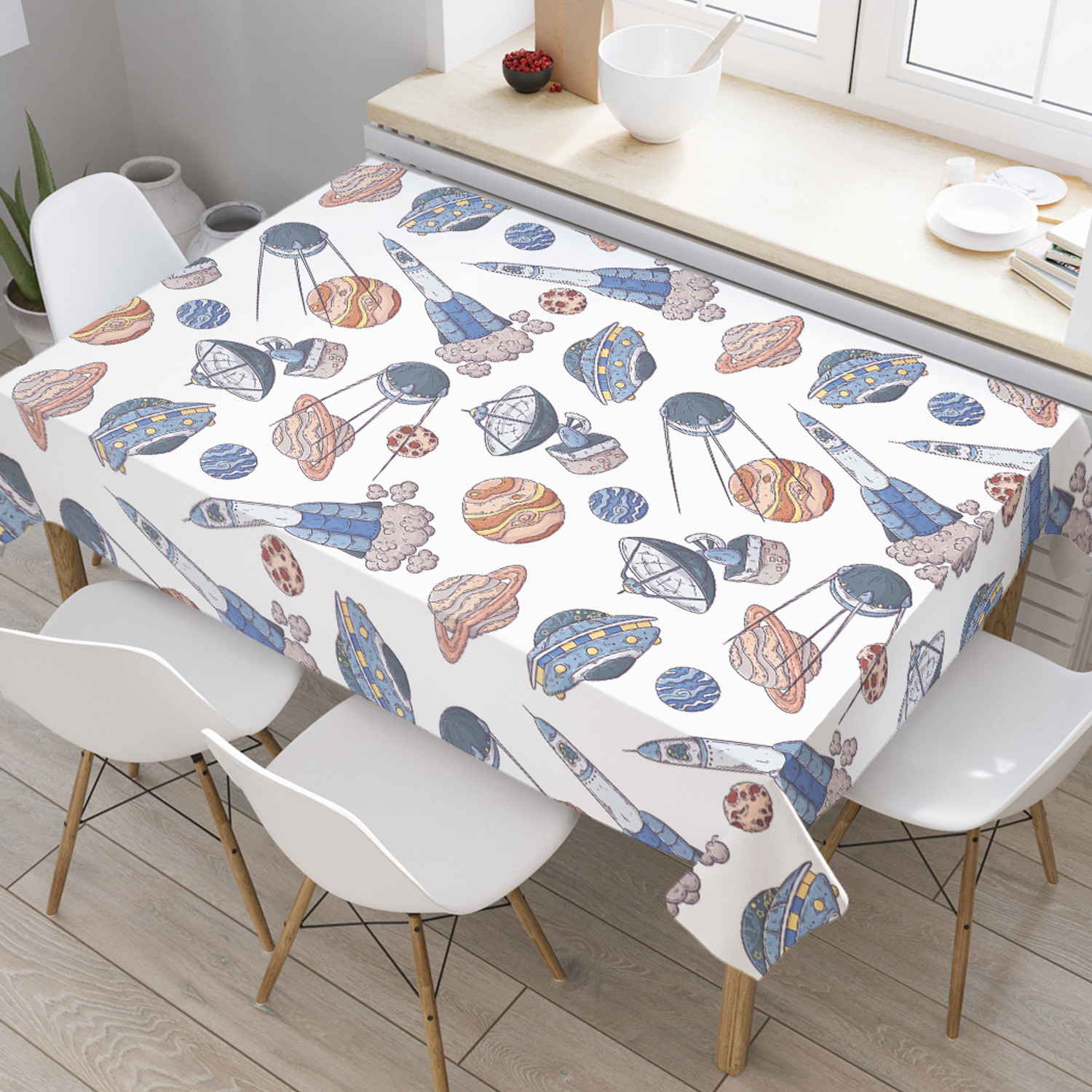 

Прямоугольная тканевая скатерть JoyArty "Космические аппараты" 145х180см, Белый