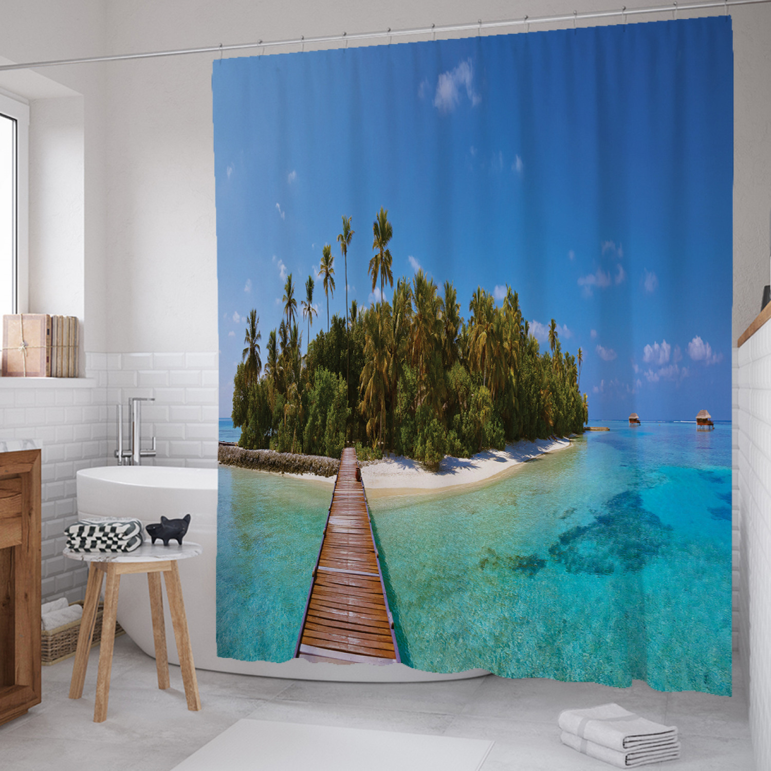 

Штора для ванной JoyArty "Мостик к острову" из сатена, 180х200 см с крючками, Синий, Мостик к острову