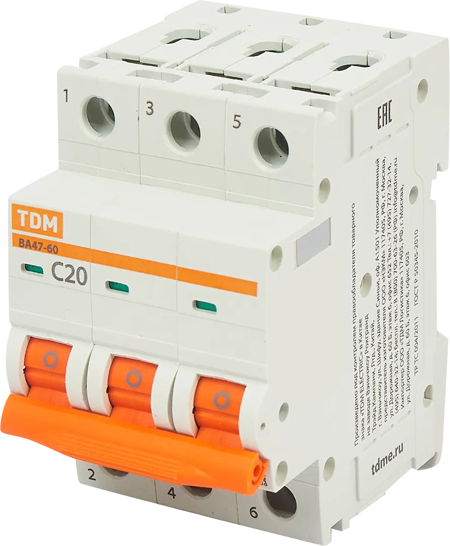Автоматический выключатель TDM Electric ВА47-60 3P C20 А 6 кА SQ0223-0110
