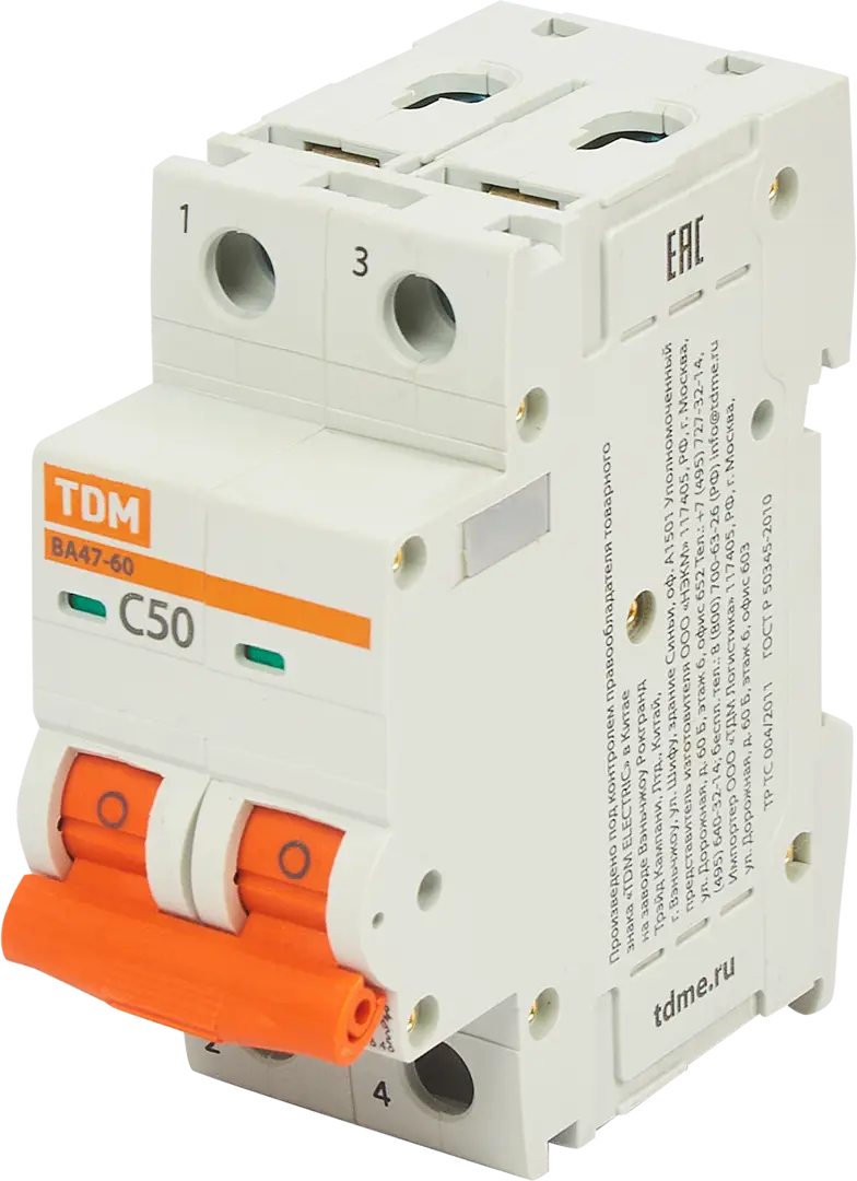 Автоматический выключатель TDM Electric ВА47-60 2P C50 А 6 кА SQ0223-1033