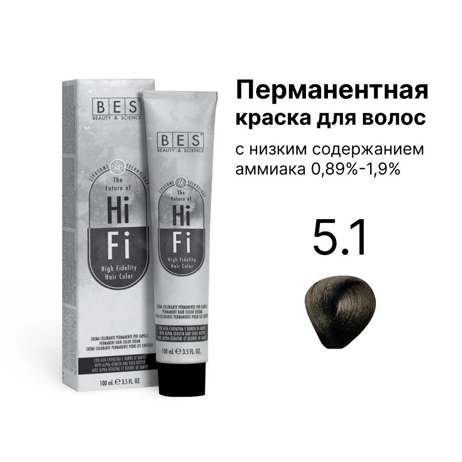Перманентная крем-краска для волос BES HI-FI 5.1 светло-коричневый пепельный 100 мл ручки для сумки пара 44 ± 1 × 1 см коричневый