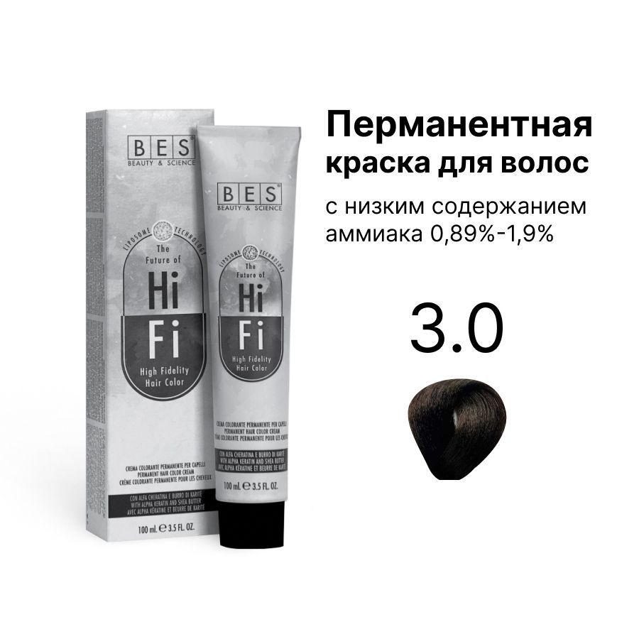 Перманентная крем-краска для волос BES HI-FI 3.0 темно-каштановый 100 мл краска для волос фитокосметик only bio color 6 0 натурально русый 50 мл
