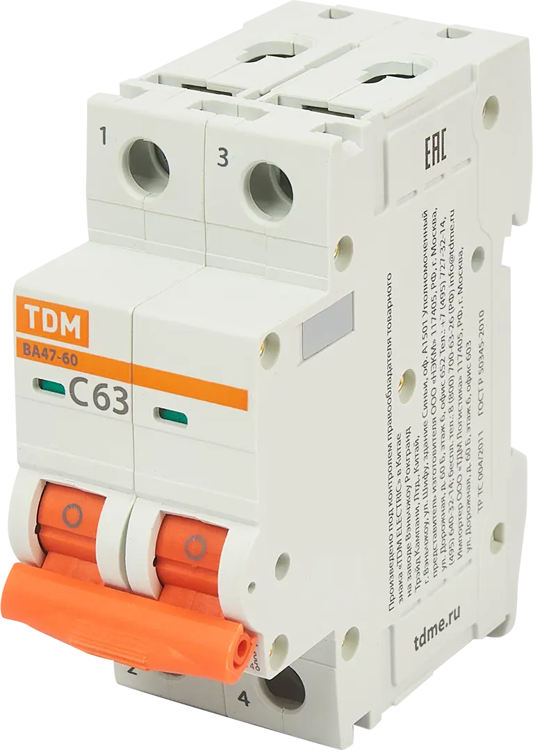 Автоматический выключатель TDM Electric ВА47-60 2P C63 А 6 кА SQ0223-0099 автомат свет звук вибрация тм наша игрушка арт 0099 1
