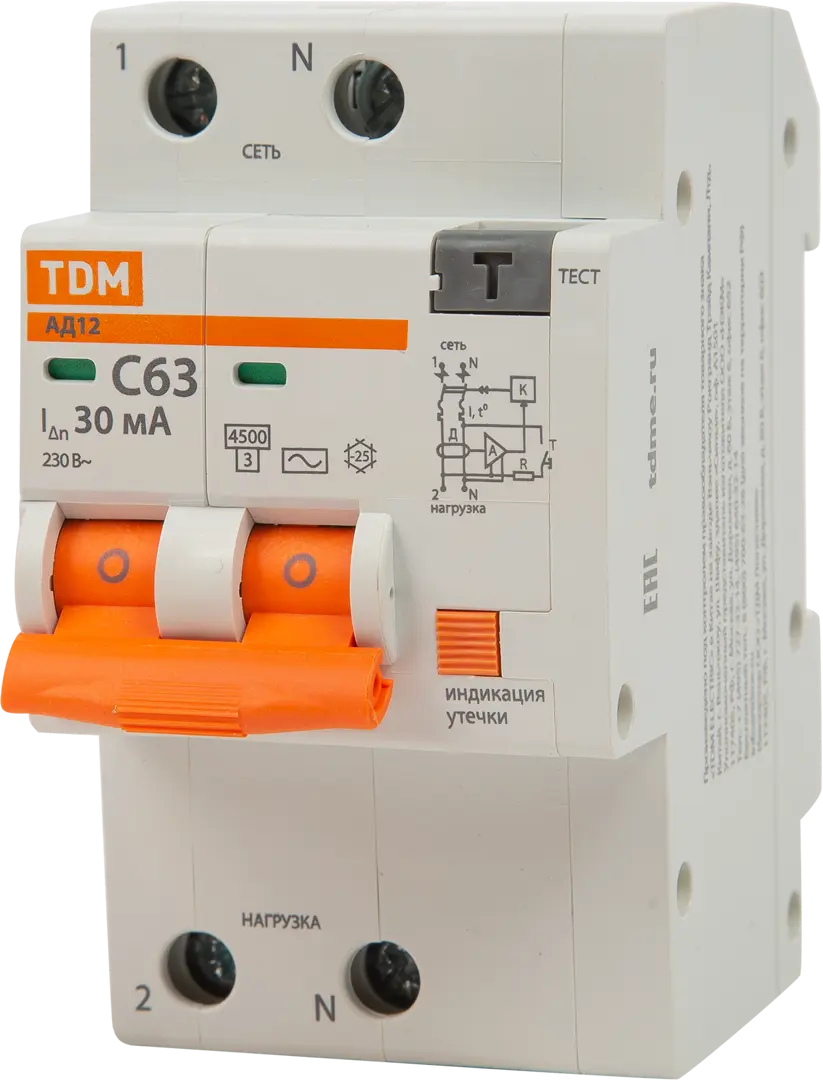 Дифференциальный автомат Tdm Electric АД-12 2P C63 A 30 мА 4.5 кА AC SQ0204-0023