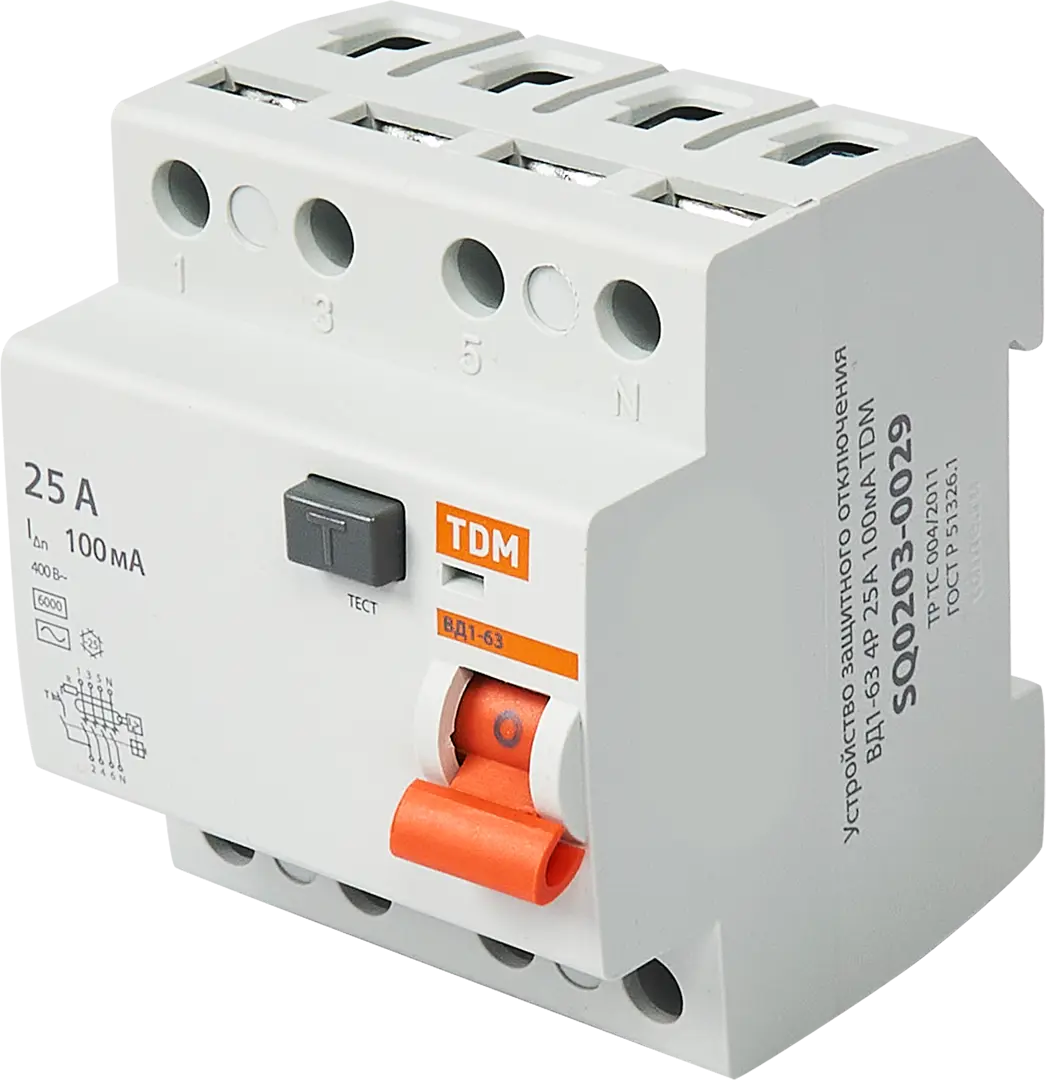 УЗО Tdm Electric ВД1-63 4P 25 A 100 мА 4.5 кА AC SQ0203-0029