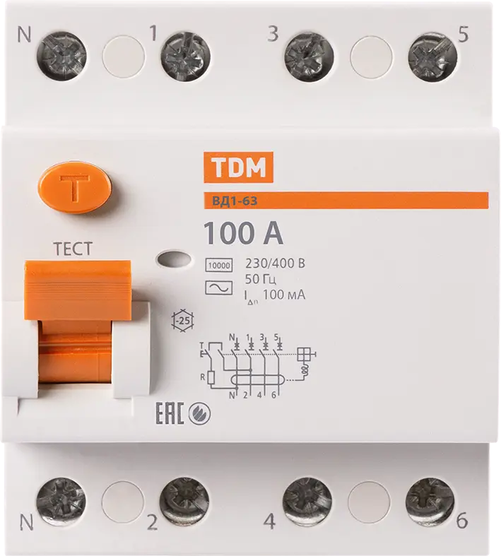 УЗО Tdm Electric ВД1-63 4P 100 A 100 мА 4.5 кА AC SQ0203-0048